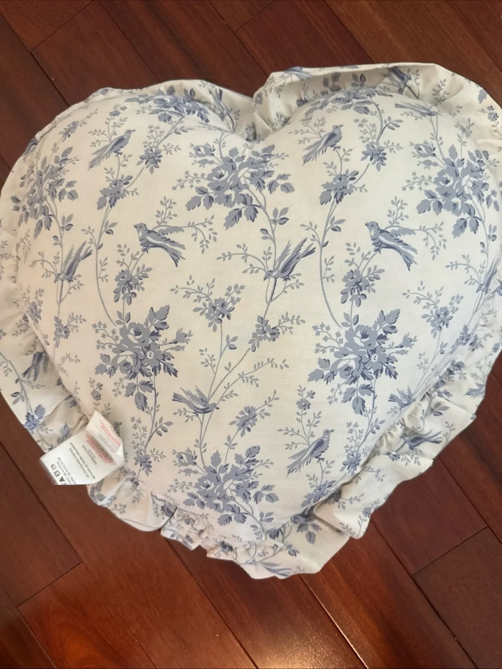 Rachel Ashwell Shabby Chic Heart Pillow Cream And Blue Floral & Birds Ruffle